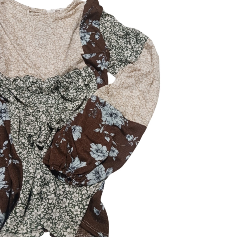 Ces Femme Cinnamon and Oatmeal Floral Patterned Blouse